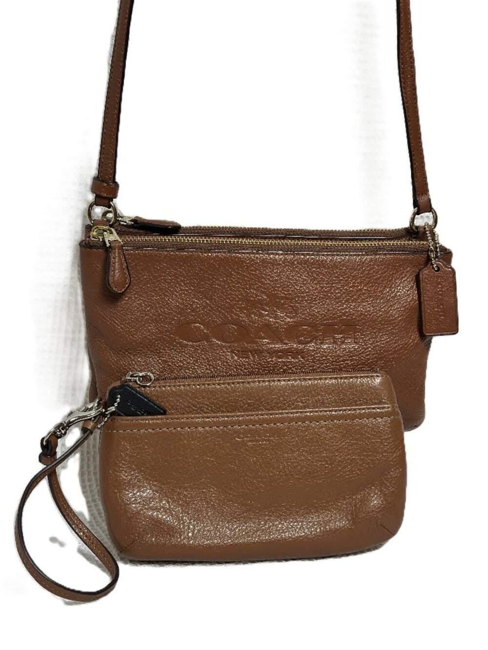 Coach Crossbody Bag Double Zip Cognac Brown F52720 + Wristlet F51683